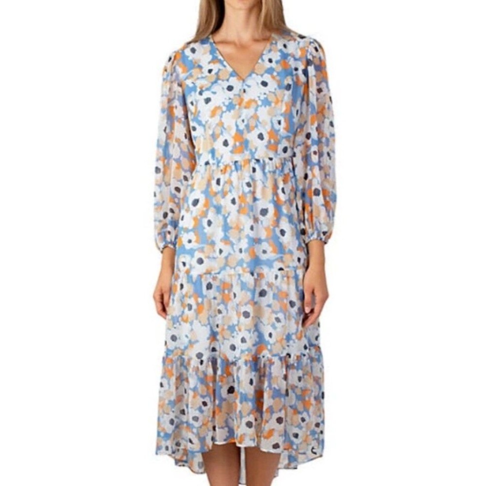 Joie Floral Fields Tiered Maxi Dress Womens LG Blue White Chiffon Lined Casual